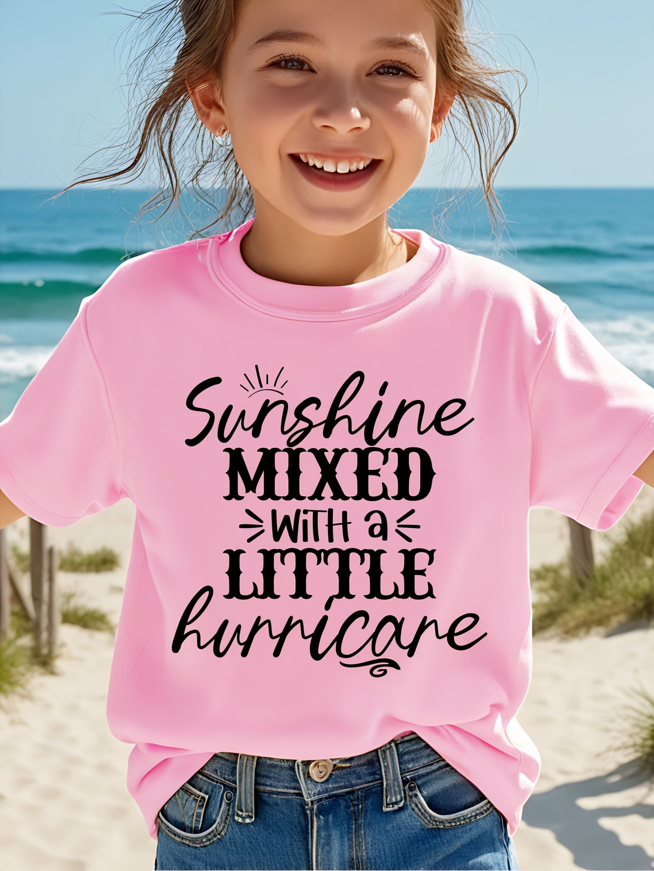 Girl Sunshine MIXED with a LITTLE Hurricane Simple Letter Print Short Sleeve Casual Versatile T-shirt