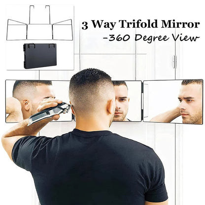 Multi-Functional Tri-Fold Makeup Mirror, Foldable Barbering Tri-Angle Mirror - Height-Adjustable, Hook-Mounted, Foldable, Wall-Mounted, Suitable for Self-Haircutting, Shaving, Grooming, Facial Treatments and Makeup Application