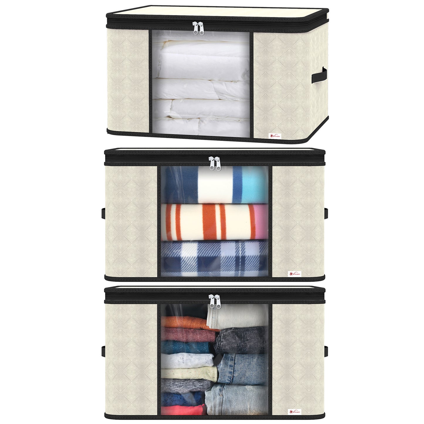 Vinsani 3pcs Deluxe Clothes Storage Bags Organizer Large Capacity Double Zipper, Moisture-Proof Big Clear Windows Perfect Space for Clothes, Beddings, Blankets and Duvet