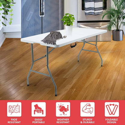 Folding Table 5ft 1.5m Heavy Duty Portable Trestle Table with Carry Handle, Sturdy White Plastic Camping Table with Steel Frame for BBQ, Picnic, Garden, Party, Market Stall & Office Use