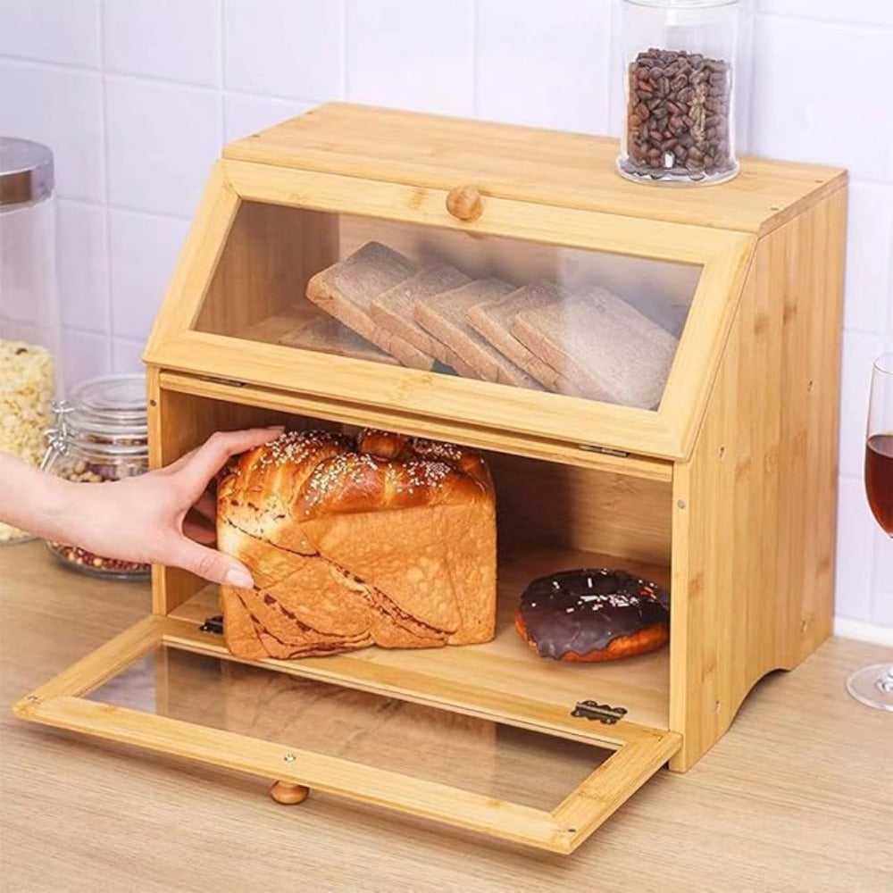 Double Layer Bamboo Bread Box Bread Bin with Transparent Window, Suitable for Kitchen and Dining Room, Pantry Organization Keeps Bread, Fruits, Snacks Fresh, Natural/Black