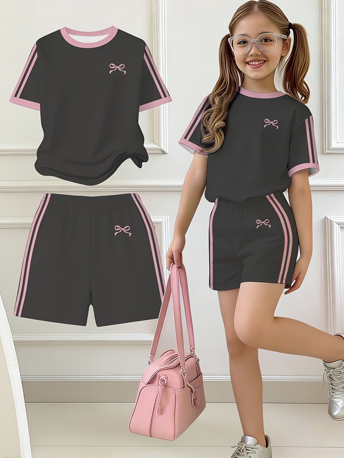 2pcs Set, Easy Bow Print Short Sleeve T-Shirt And Shorts Set, Star Style, Suitable for Spring And Summer, Back-To-School Outfit, Y2K Fashion, Campus Activities, Comfortable Casual, Fashionable And Playful, Hippie Style, Retro Sweet American Style