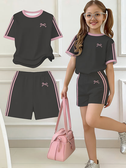 2pcs Set, Easy Bow Print Short Sleeve T-Shirt And Shorts Set, Star Style, Suitable for Spring And Summer, Back-To-School Outfit, Y2K Fashion, Campus Activities, Comfortable Casual, Fashionable And Playful, Hippie Style, Retro Sweet American Style