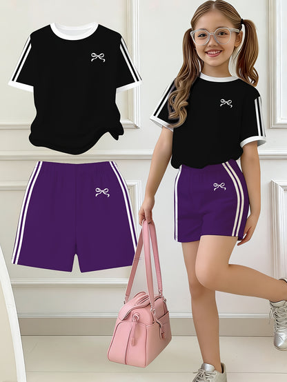 2pcs Set, Easy Bow Print Short Sleeve T-Shirt And Shorts Set, Star Style, Suitable for Spring And Summer, Back-To-School Outfit, Y2K Fashion, Campus Activities, Comfortable Casual, Fashionable And Playful, Hippie Style, Retro Sweet American Style