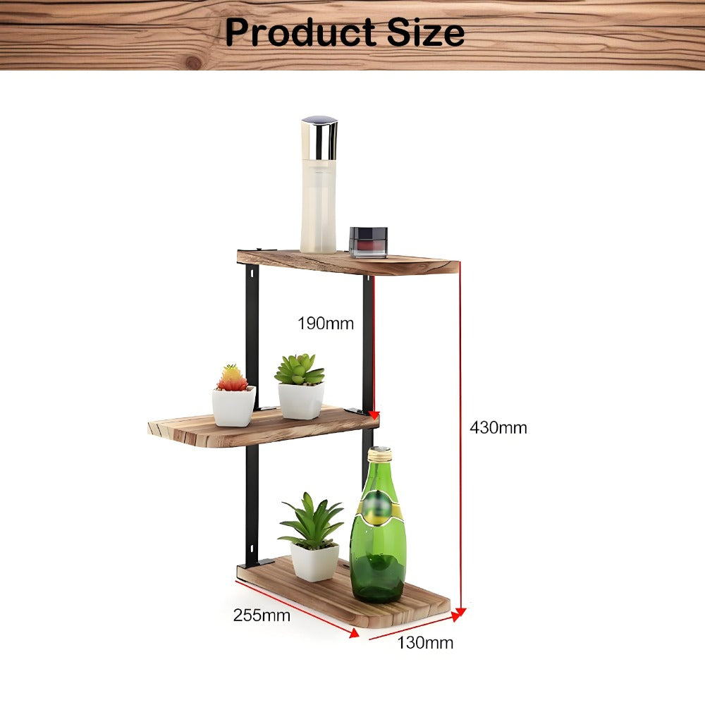 Rustic 3-Tier Corner Shelf Wall Mounted Wooden Floating Storage Rack for Bedroom Living Room Bathroom Kitchen Office Antique Display with Durable Metal Brackets