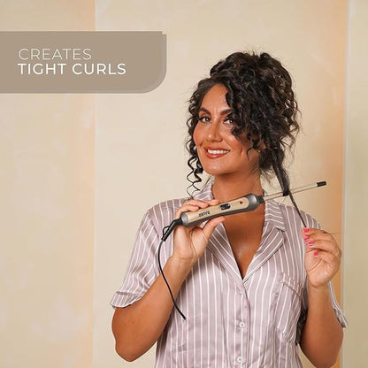 Bauer Professional TourmaPro Slimline Curling Wand/Ultra Slim 9mm Barrel / 200° Heat, 360° Swivel Cord and Cool Touch Tip/Grey & Gold