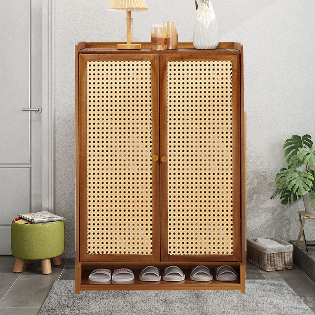 Shoe Cabinet Storage Cupboard Footwear Stand Rack Wooden Double Rattan Doors UK