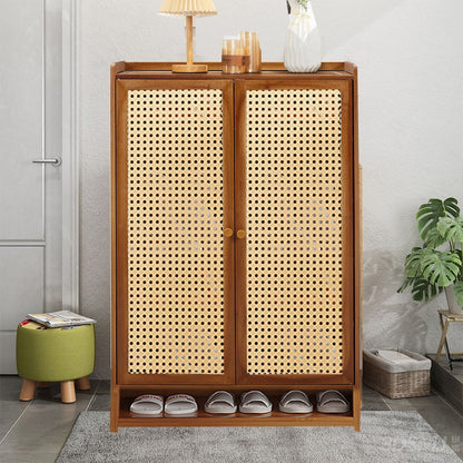 Shoe Cabinet Storage Cupboard Footwear Stand Rack Wooden Double Rattan Doors UK