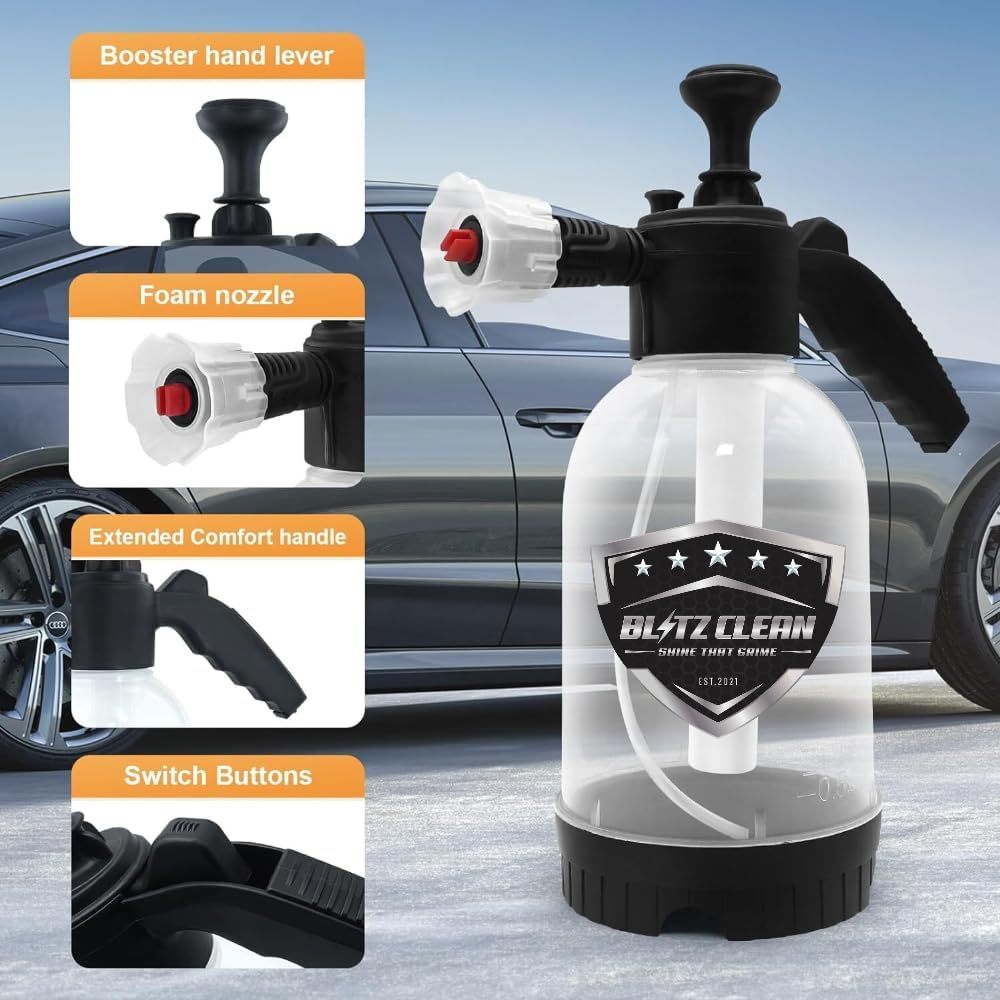 Snow Foam Pump up Sprayer Snow Cannon Gun, 2L Heavy Duty Pressurised Soap Dispensing with Two Nozzles Car Blaster, Hand Pumping Spraying Pump Action Spray Bottle for Car Cleaning & Valeting