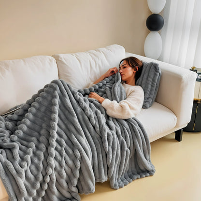 1pc Large Strips Ribbed Throw Blankets | Luxurious 270g Flannel Fleece Blanket | Warm Cozy Blanket Throws For Sofas, Bed, Chair, Couch, Settee | Super Soft Warm Blanket Single Double King Super King Size, Machine Washable, Easy Care, Perfect for Home, Tra