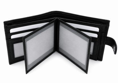 Mens Genuine Leather Wallet Black RFID Blocking Soft Tri Fold Card Slots Id Window and Coin Pocket