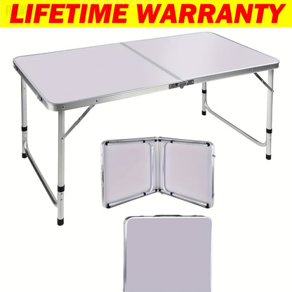 4ft Folding Trestle Table Aluminium 3 Adjustable Heights 70/62/55cm Portable Camping Picnic Table 120x60cm Lightweight Carry Handle Indoor Outdoor White
