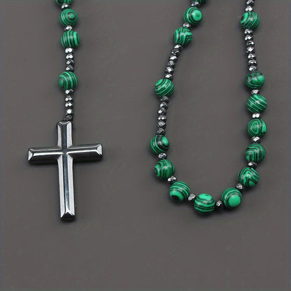 1pc Fashion Vintage Style Jewelry Round Bead Malachite Black Howlite Cross Religious Prayer Beads Men's Long Necklace for Daily Wear