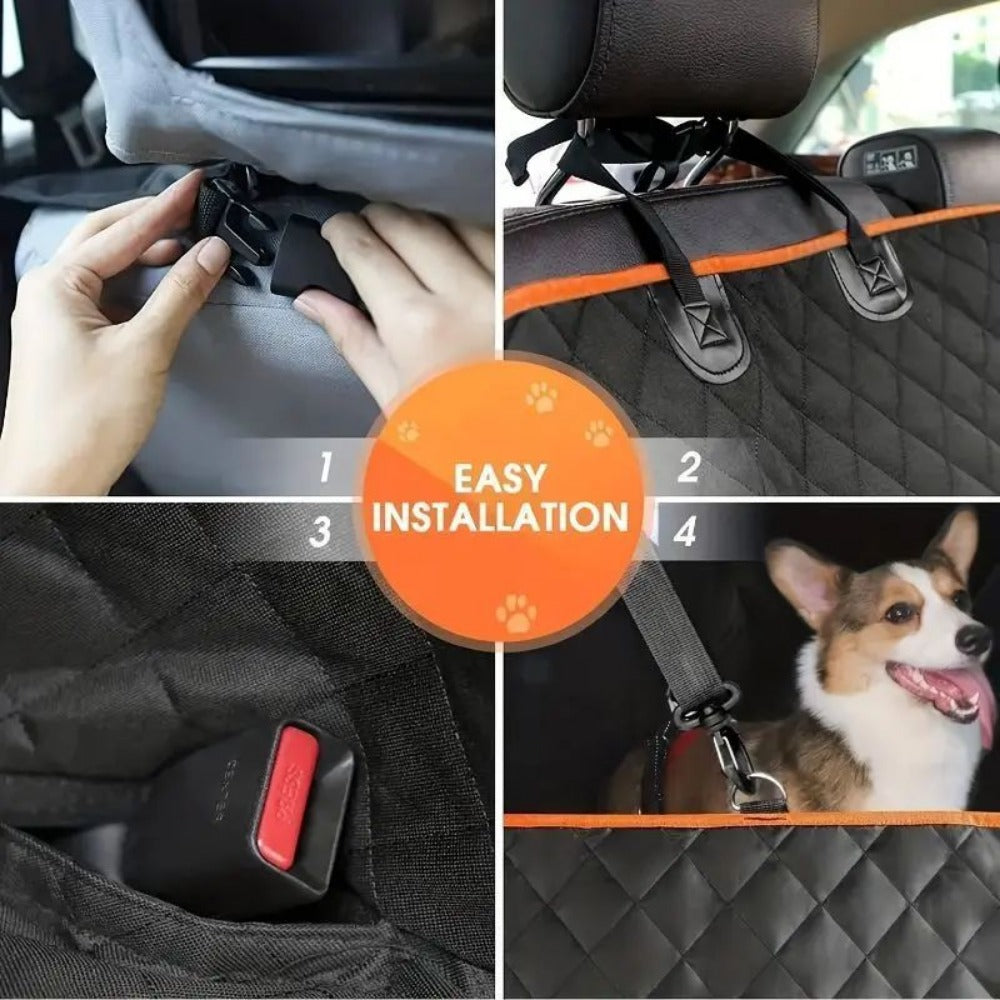 Waterproof Dog Car Seat Cover with Safety Harness Quilted Scratch Resistant Pet Hammock for Cars Trucks SUVs Black Orange Polyester Travel Cover