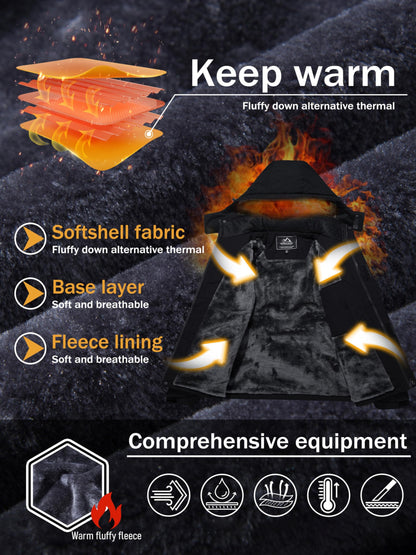 Men'S Ski Jacket Winter Warm Fleece Lined Coats Outdoor Snowboard Thermal Hiking Parka Chest Pockets Hooded Jogging Camping Fishing Climbing Casual Windbreaker