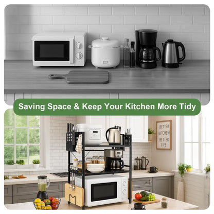 Heavy-Duty Expandable Microwave Rack - Adjustable Width (40-60cm) & Height, 3-Tier Kitchen Organizer with 6 Hooks, Space-Saving Countertop/Cabinet Storage Shelf, Sturdy Metal Construction, Easy Assembly for Microwave, Pots, Pans, Utensils - Ideal for Smal