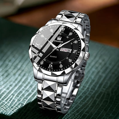 1 New Stainless Steel Band Men'S Quartz Watch Roman Numeral Dial Inlaid with Rhinestones Date Calendar Trendy Fashion Easy Brand Luxury Luminous Sports Leisure Life Travel Business Multi-Function Watch Birthday Gift Holiday Gift Gift Ideal Choice