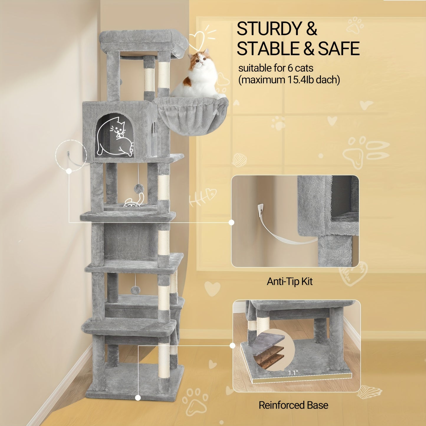 170cm Large Cat Tree, Cat Tower for Maine Cat, Multi-Storey Scratching Post with Large Perch, Washable Mat, Cat House Furniture with 2 Caves, 8 Scratching Posts, Light Grey, Dark Grey