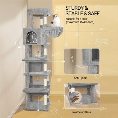 170cm Large Cat Tree, Cat Tower for Maine Cat, Multi-Storey Scratching Post with Large Perch, Washable Mat, Cat House Furniture with 2 Caves, 8 Scratching Posts, Light Grey, Dark Grey