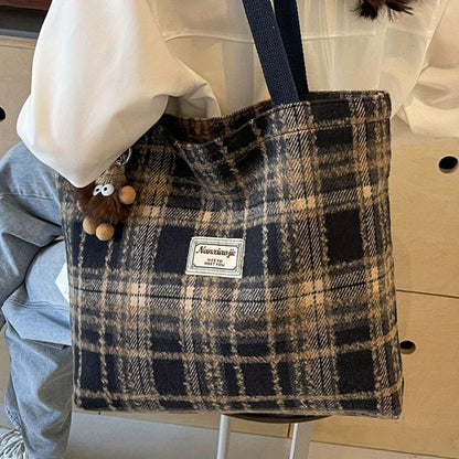 One Women'S Spacious Plaid Shoulder Bag Made of Tweed Fabric, Featuring a Zipper Closure, an Adjustable Shoulder Strap, And Lining. Available in Red, Black, And Blue Plaid Designs, It Is Machine Washable And Perfect for Work, Daily Use