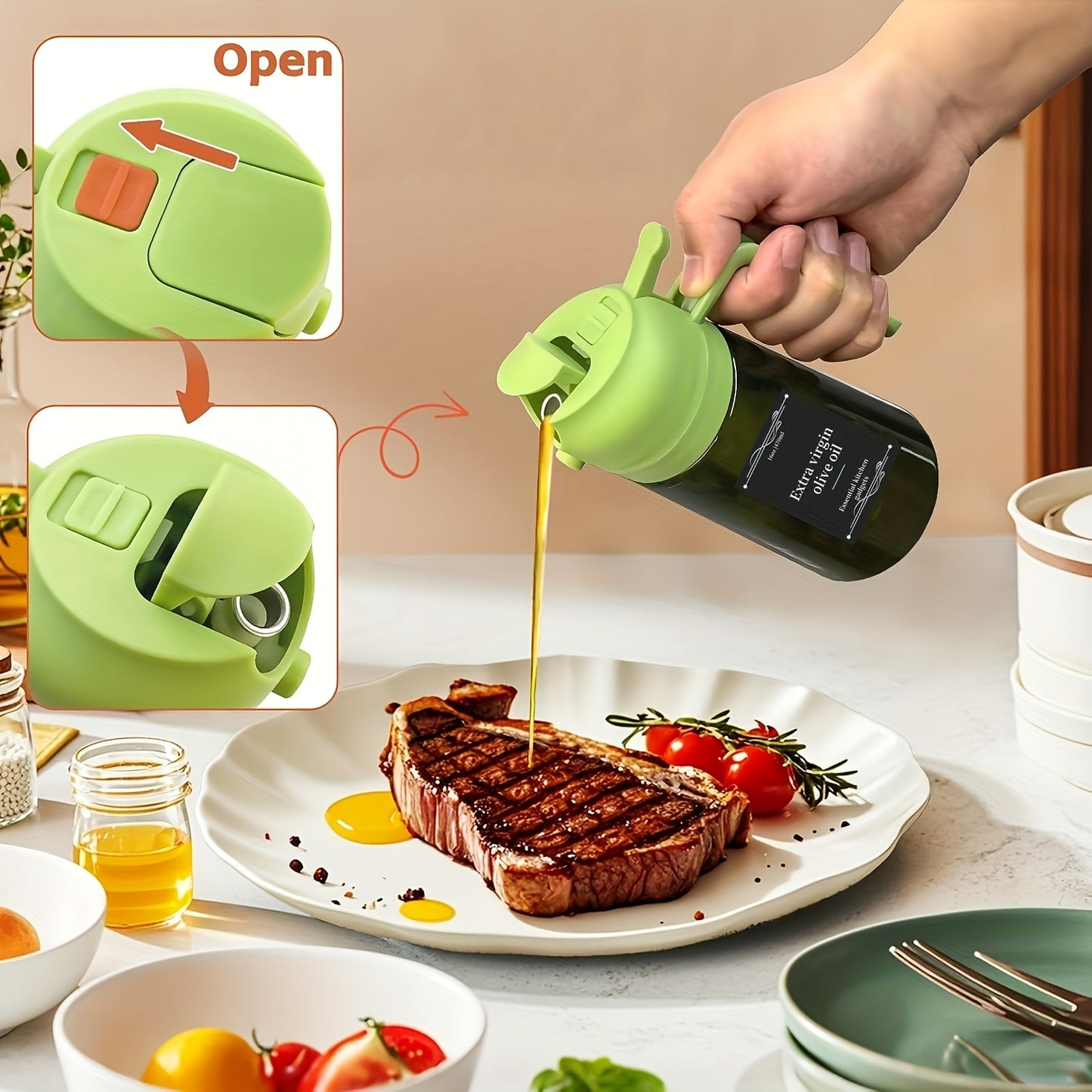 Set of 2 Kitchen Glass Olive Oil Dispensers, a 2-In-1 Oil Bottle And Cooking Sprayer, 16-Ounce Premium Dark Green Glass Oil Bottle, Cooking Oil Dispenser, Kitchen Oil Sprayer, Includes 6 Stickers, Suitable for Grilling, Rvs, Salads
