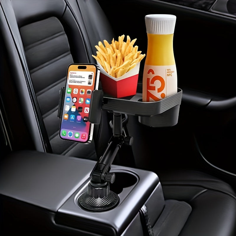 3-in-1 Car Cup Holder Tray with Phone Mount - Space-Saving Drink & Food Organizer for Vehicle Interior