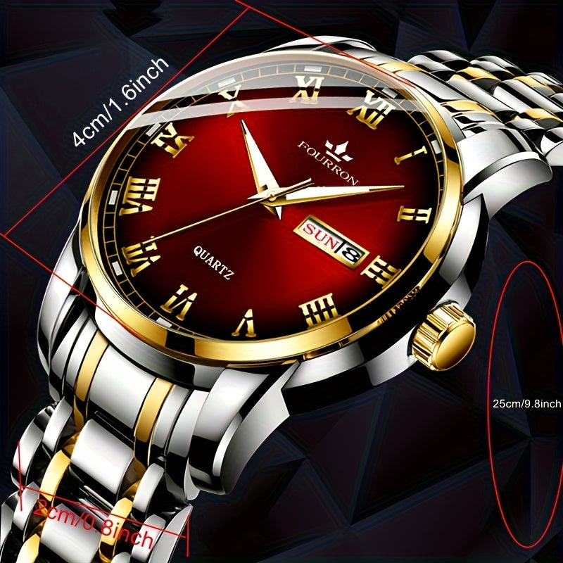 1pc FOURRON Brand New Trendy Fashion Men'S Quartz Watch Stainless Steel Strap with Day Date, Roman Numeral Disc Multi-Function Luminous Luxury Men'S Wristwatches, Friends And Relatives Birthday Gifts, Holiday Party Gifts Preferred Choice