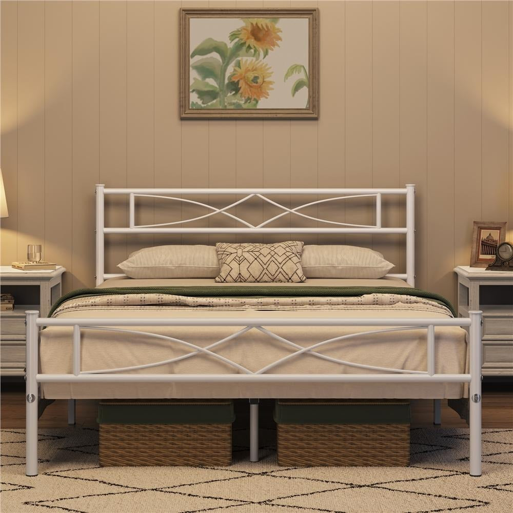 Curved Headboard Metal Bed Frame Platform Bed Vintage Style Built-in Steel Slats 32cm Underbed Storage No Box Spring Needed Single Double King Black White