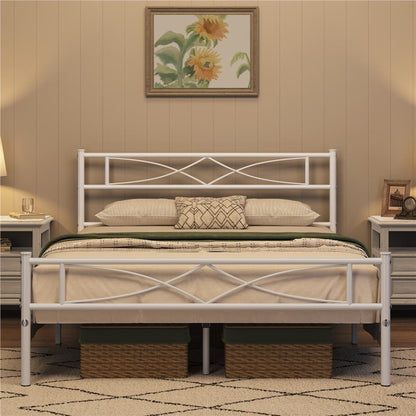Curved Headboard Metal Bed Frame Platform Bed Vintage Style Built-in Steel Slats 32cm Underbed Storage No Box Spring Needed Single Double King Black White