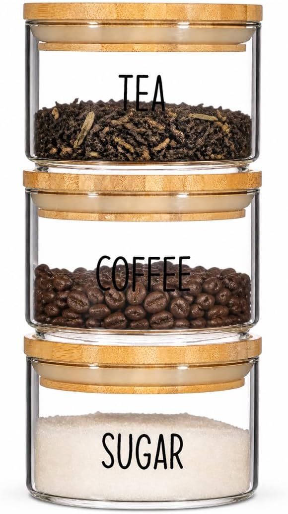 Set of 3 Stackable Glass Storage Jars with Airtight Bamboo Lids – Clear Kitchen Storage Canisters for Tea, Coffee, Sugar, Space-Saving Pantry Organiser