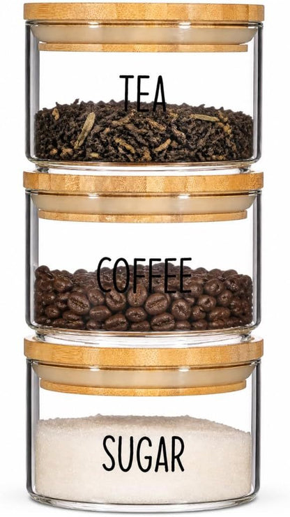 Set of 3 Stackable Glass Storage Jars with Airtight Bamboo Lids – Clear Kitchen Storage Canisters for Tea, Coffee, Sugar, Space-Saving Pantry Organiser