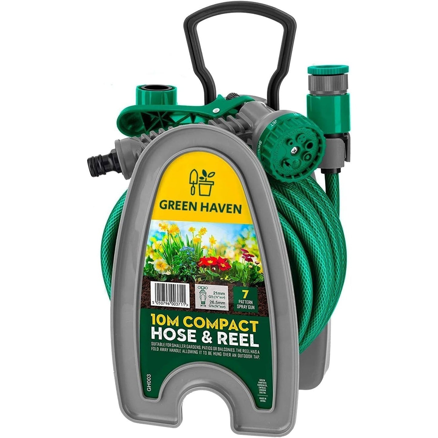 10m Garden Hose Pipe Reel with Spray Nozzle, Compact Portable Hose Reel Set with Fittings, Lightweight Mini Water Hosepipe for Balcony, Small Garden & Outdoor Cleaning Use