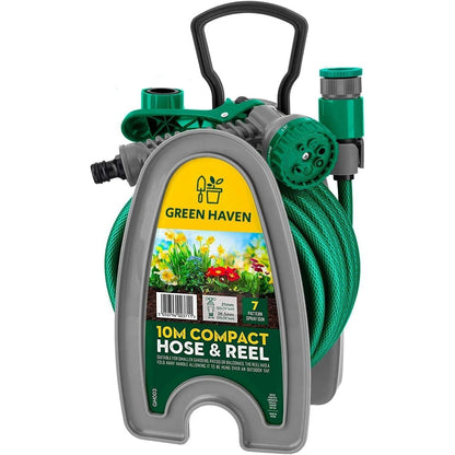 10m Garden Hose Pipe Reel with Spray Nozzle, Compact Portable Hose Reel Set with Fittings, Lightweight Mini Water Hosepipe for Balcony, Small Garden & Outdoor Cleaning Use