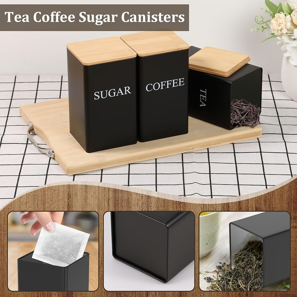 Tea Coffee Sugar Canister Set 3 Piece – Black Metal Kitchen Storage Jars with Airtight Bamboo Lids, 1400ml Each, Stylish Countertop Containers for Coffee, Tea & Sugar Storage