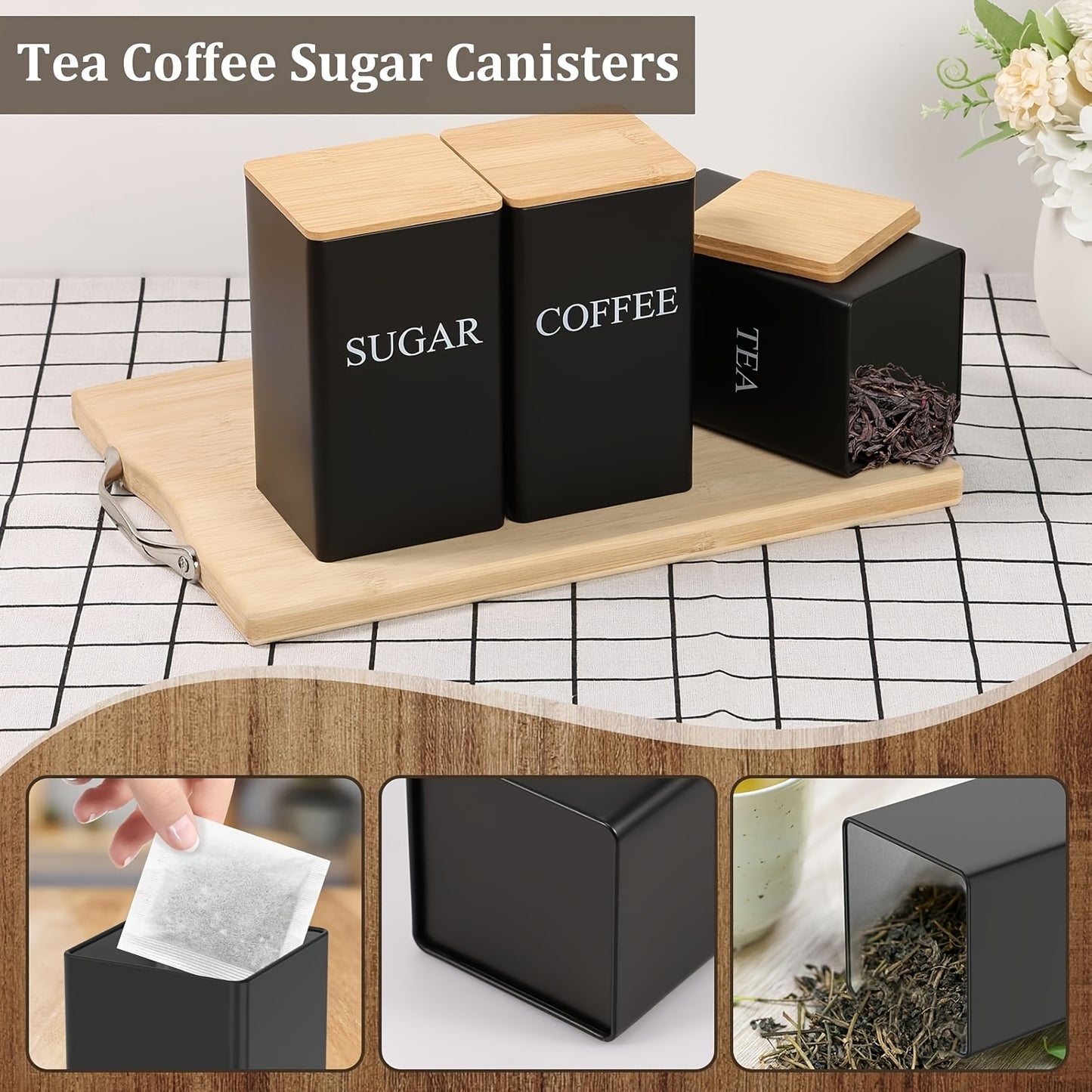 3pcs Coffee And Tea Sugar Set, Metal Tea And Coffee Canisters, 1400Ml, with Bamboo Lids, Black Kitchen Canisters for Countertop Storage (Black)