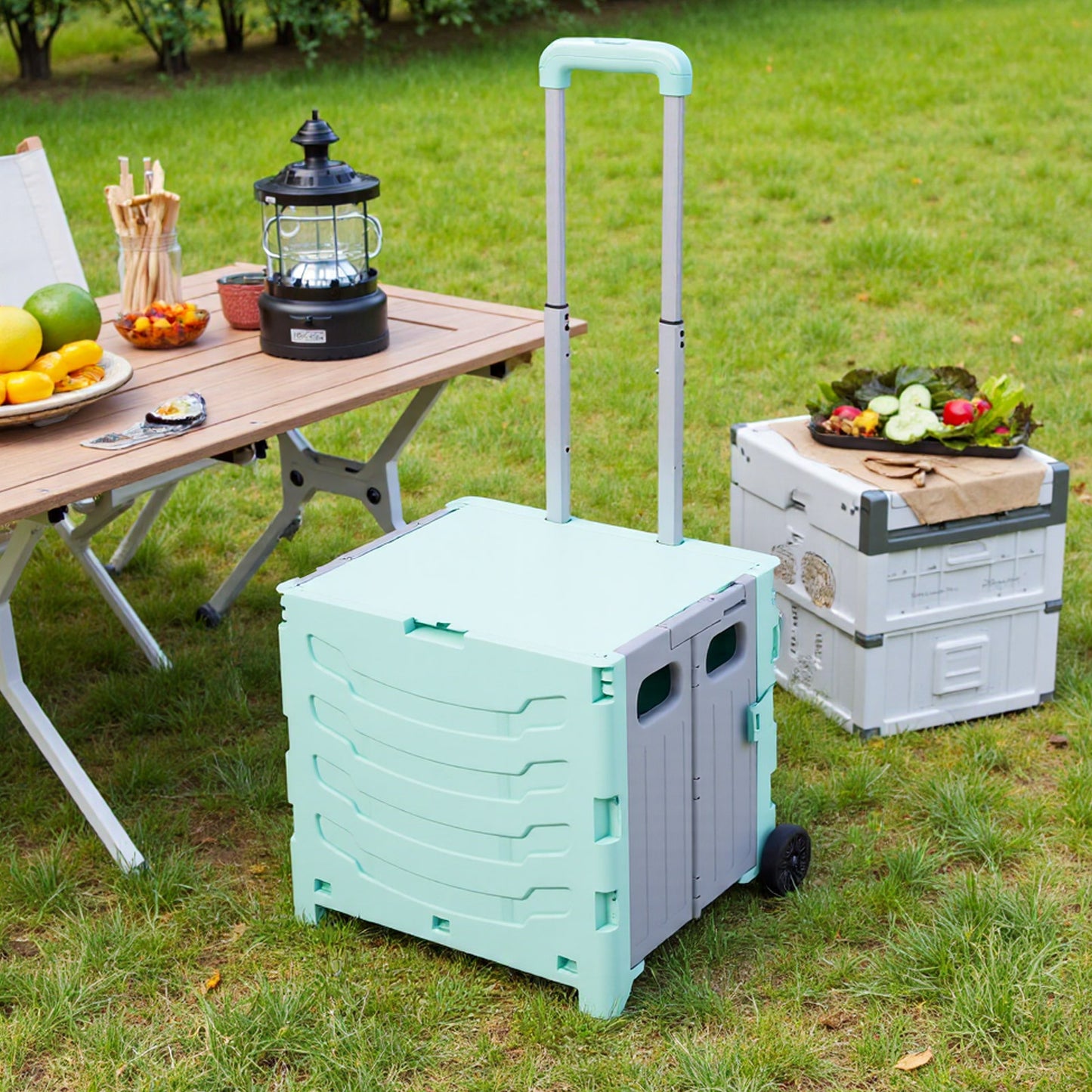 Grey/ Green Foldable Office Trolley, Portable Folding Shopping Trolley, Two-wheel Large-capacity Storage Box, Portable Pushable Shopping Cart Storage Box, Adjustable Railings
