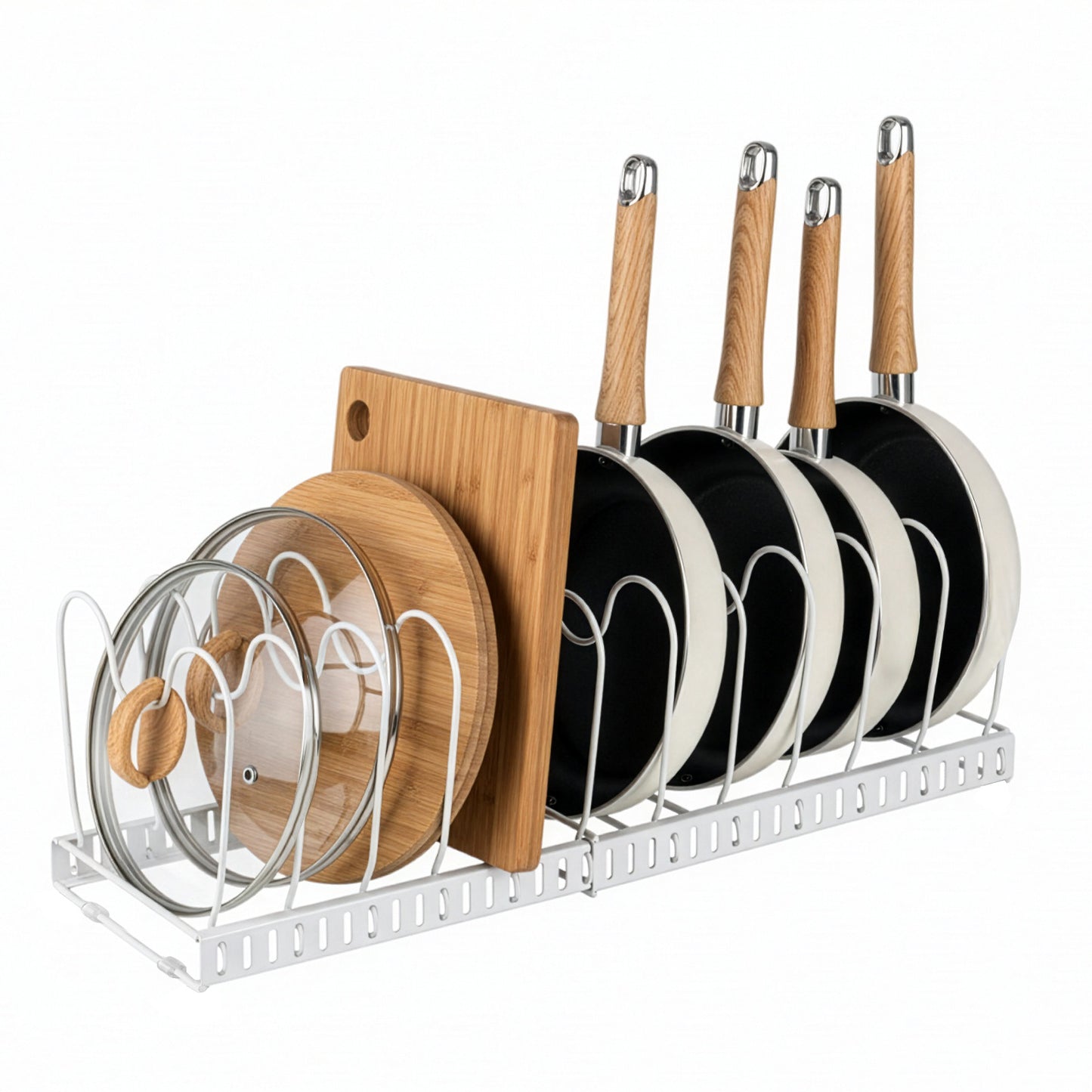1 Set Pot and Pan Organizer Rack with 10 Adjustable Dividers – Expandable Kitchen Cabinet Storage for Lids, Dishes, Cookware – Bakeware Rack for RV & Home