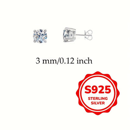 925 Sterling Silvery Synthetic Zirconia Stud Earrings Round 0.1-0.8Ct White 3/4/5/6mm Daily Wear Trendy for Women Accessories Female Gift