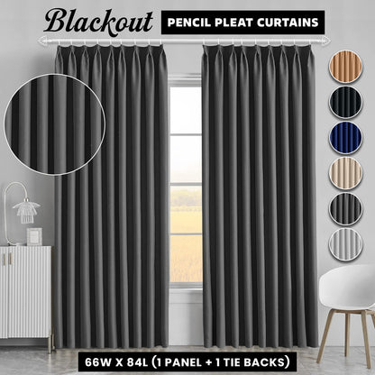 2pcs Premium Blackout Pencil Pleat Curtains – Heavy Duty Thermal Insulated Window Drapes with Matching Ties, Noise Reducing, Energy Saving & UV Blocking, Perfect for Bedroom & Living Room