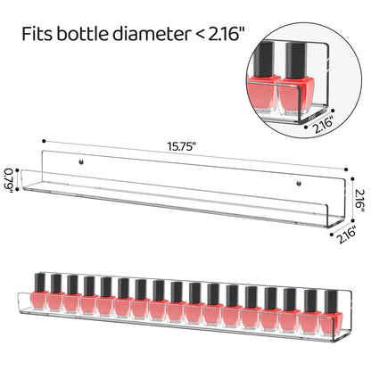 6-Pack Acrylic Nail Polish Organizer - 15" Wall Mounted Display Rack Holds 90 Bottles, Clear Floating Shelf for Makeup, Lipstick & Kids Books Storage (White)