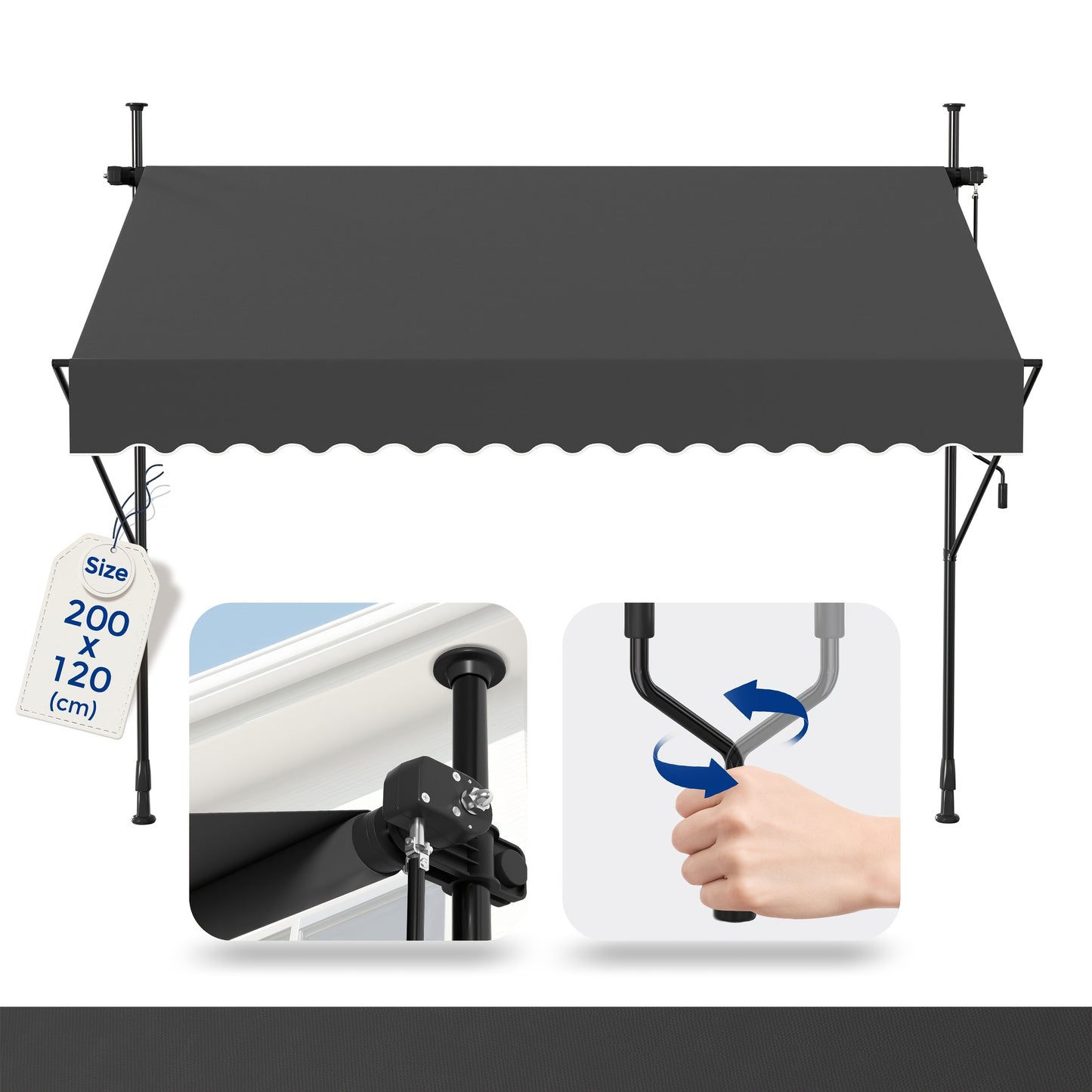 Retractable Awning with Hand Crank, No Drilling UV-Resistant Sun Protection, Height Adjustable for Patio Balcony, 200 X 120 Cm, Dark Gray/Light Gray/Gray And White Stripes/Blue And White Stripes