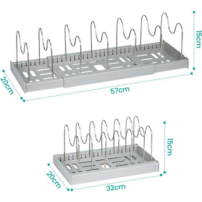 Expandable Pan Lid Organiser Rack 7/10 Adjustable Dividers, Anti-slip Pantry Cupboard Organiser Kitchen Drawer Bakeware Plate Holders for Pots, Pans, Chopping Board, Saucepan, Baking Trays