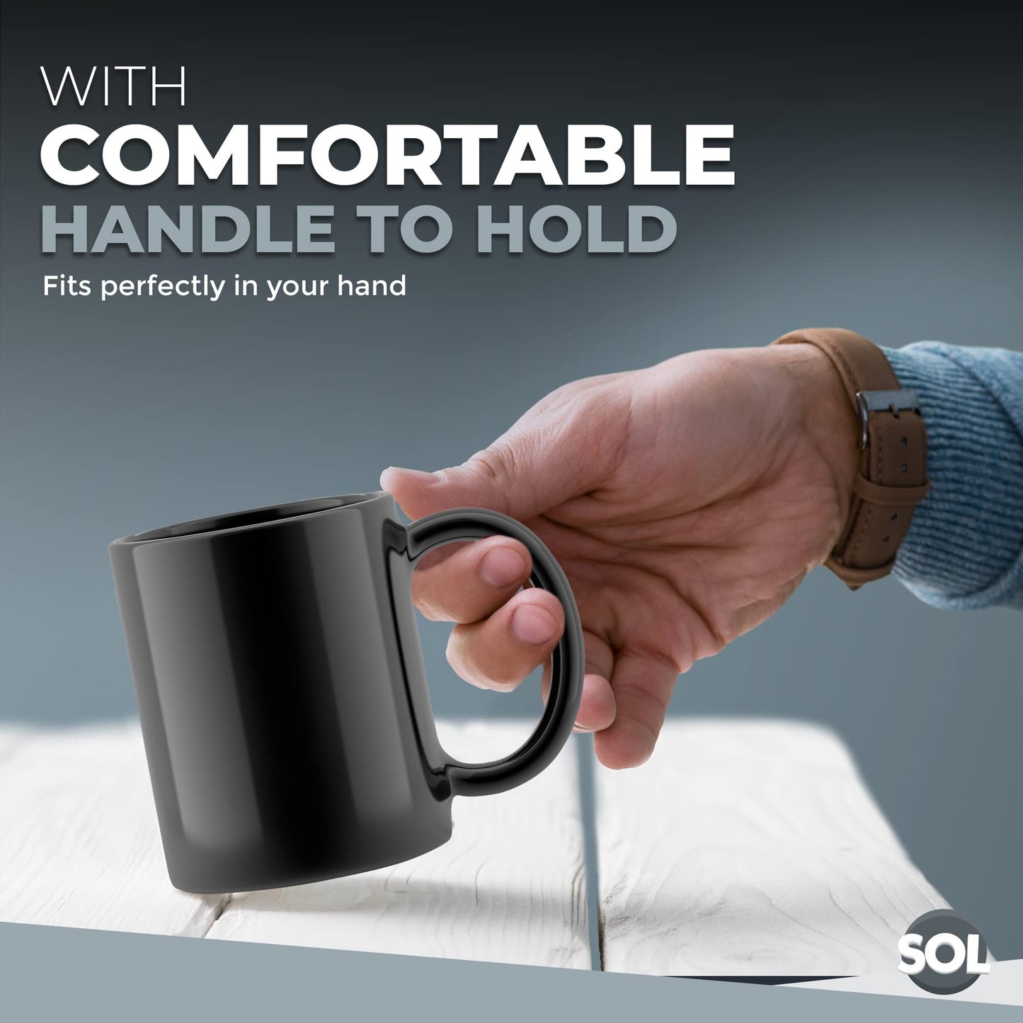 SOL 12-Pack Black Mugs Set, 11oz | Stoneware Ceramic Coffee & Tea Mugs | Durable Plain Black Cups for Home, Office, Café & Restaurant | Stackable Everyday Drinkware | Dishwasher & Microwave Safe Hot Beverage Mug Set
