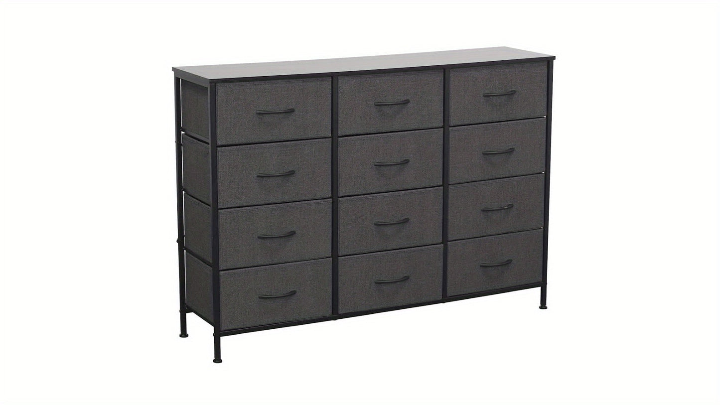 12 Drawer Chest of Drawers Fabric with Wooden Frame & Gold Handles – Tall Storage Unit for Bedroom Living Room Hallway Deep Grey Beige