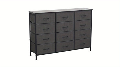 12 Drawer Chest of Drawers Fabric with Wooden Frame & Gold Handles – Tall Storage Unit for Bedroom Living Room Hallway Deep Grey Beige