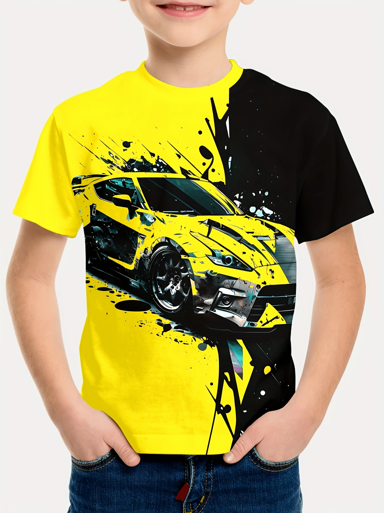 Boys Neon Green and Black Racing Pattern T-Shirt- 3D Dynamic Print Short Sleeve Crew Neck Casual Top with Neon Glow Style, Breathable and Machine Washable, Comfortable for All Seasons, Suitable for Casual Outfits and Racing Sports Activities- Ideal G