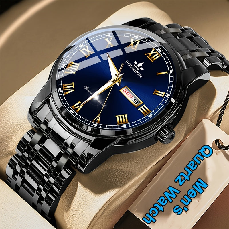 1pc FOURRON Brand New Trendy Fashion Men'S Quartz Watch Stainless Steel Strap with Day Date, Roman Numeral Disc Multi-Function Luminous Luxury Men'S Wristwatches, Friends And Relatives Birthday Gifts, Holiday Party Gifts Preferred Choice