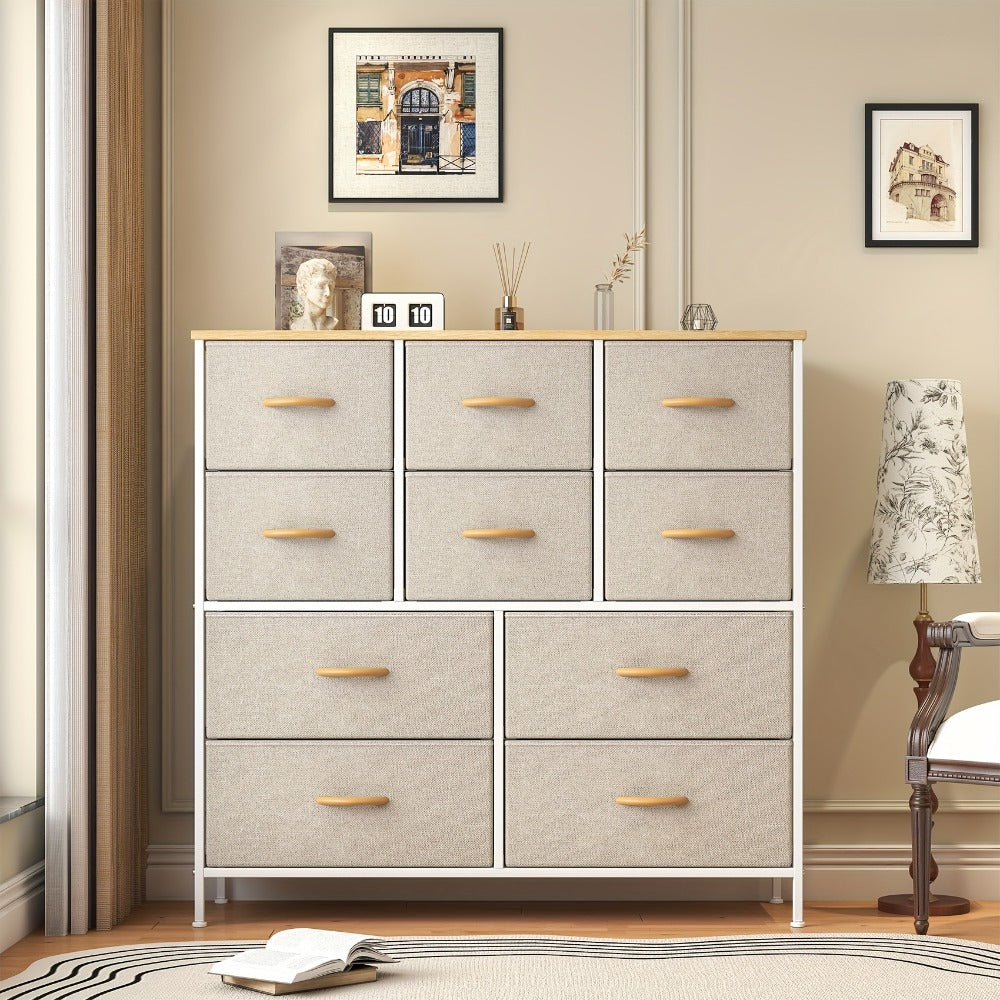 10-Drawer Dresser with Metal Frame & Fabric Drawers – MDF Top, Adjustable Legs & Anti-Tip Safety for Bedroom, Closet, Living Room & Office