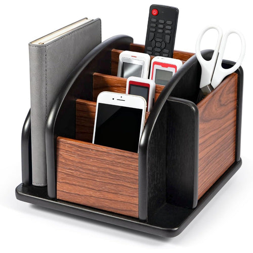 Rotating Remote Control Holder Multi Compartment Desktop Organizer for Pens, Pencils, Mail, and Office Supplies Tabletop Storage for Home or Office