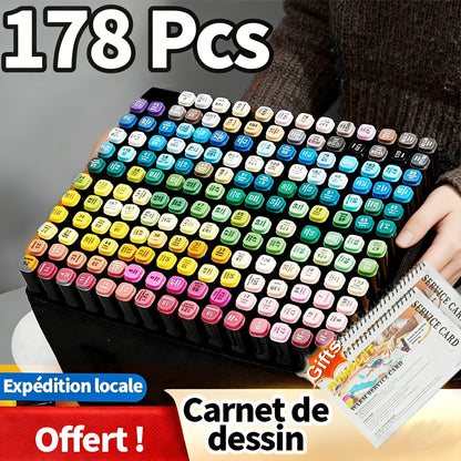 178-Colour Dual-Tip Art Marker Set with Drawing Book – Professional Sketch Illustration Markers Gift Box or Cloth Bag for Artists Adults & Christmas Gift